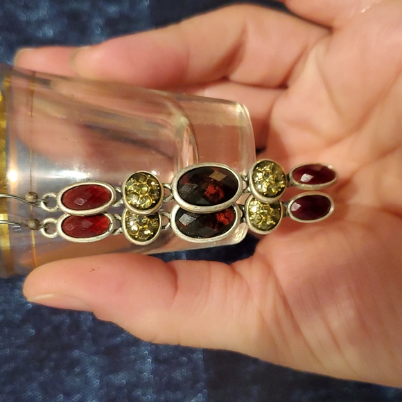 Red and Champagne Stone Dangle Earrings - Picture 3 of 5